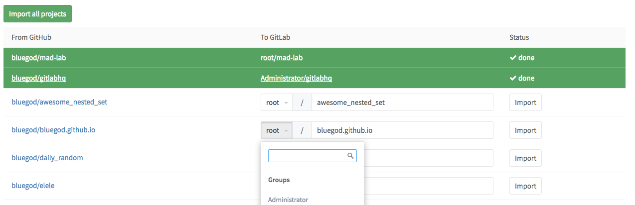 Github · Import · Project · User · Help · GitLab