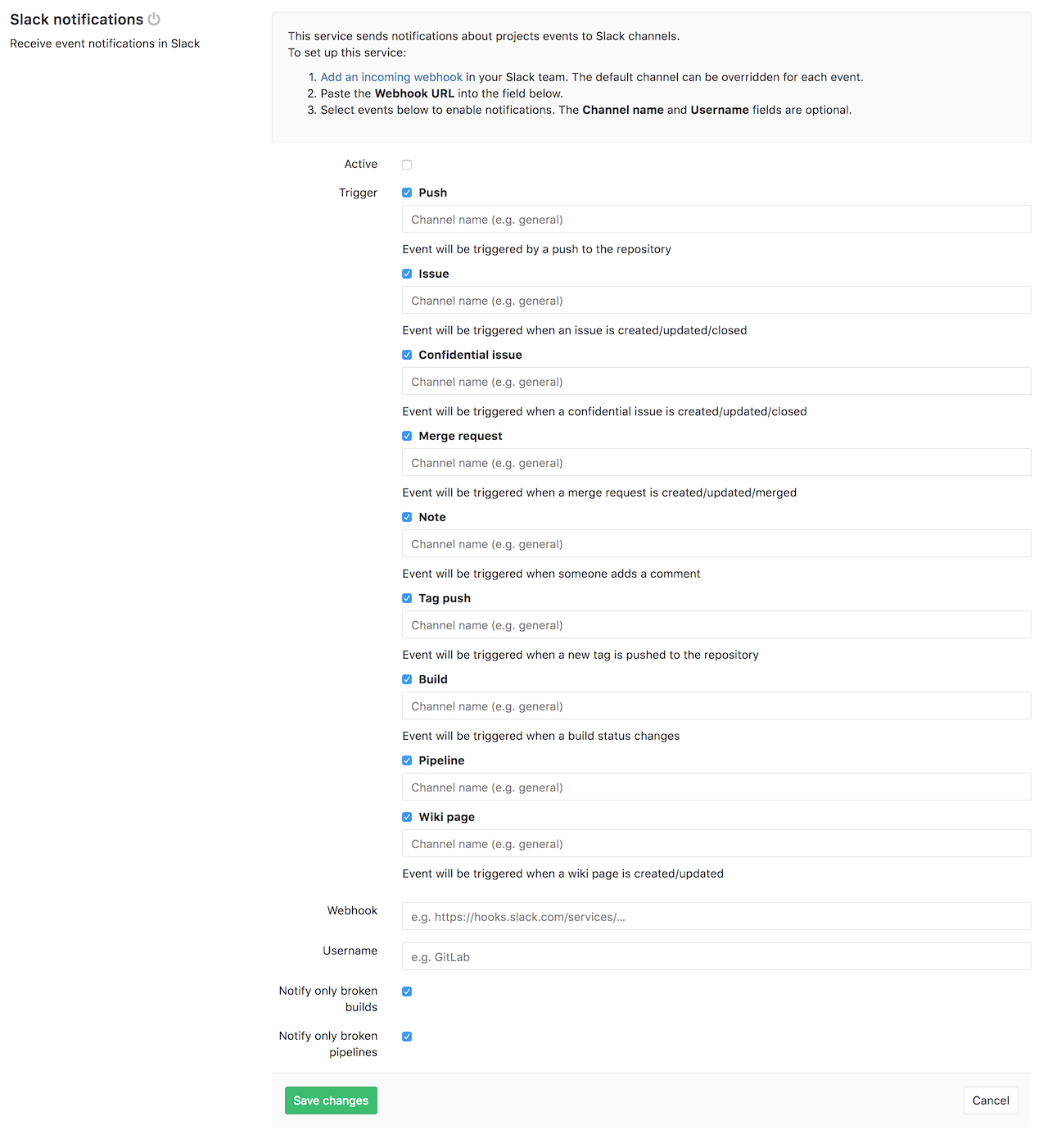 Slack · Integrations · Project · User · Help · GitLab
